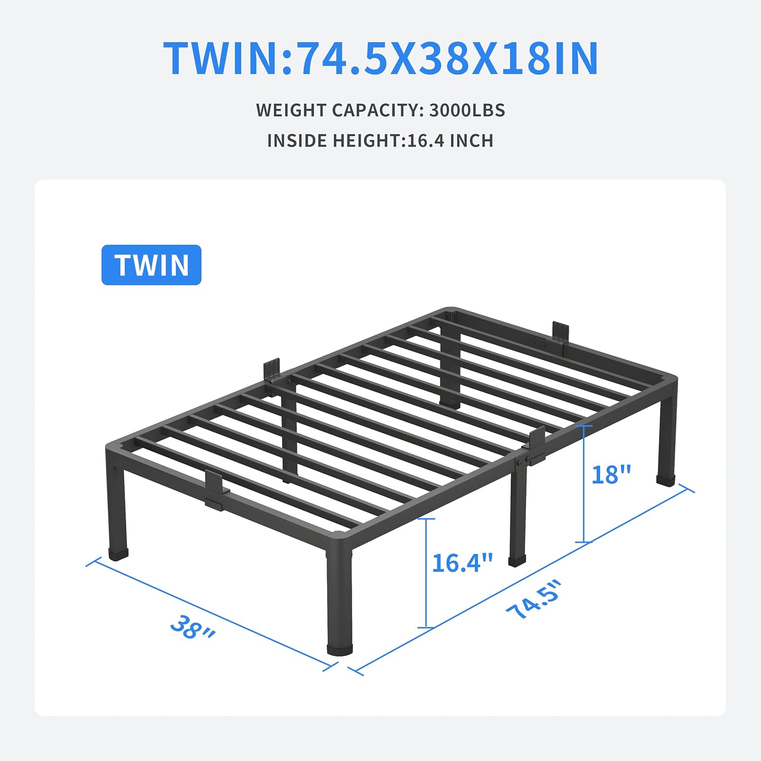 18 Inch Twin Metal Platform Bed Frame with Round Corner Legs, 3000 lb Slat Support