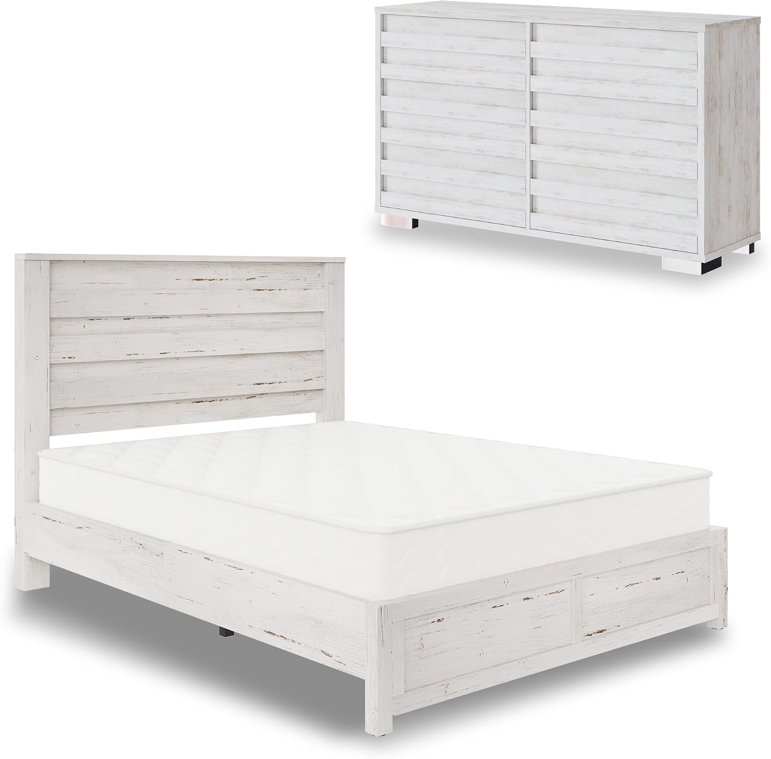 2 Piece Bedroom Set, Full Platform Bed and 6 Drawer Dresser, 49 Inch Headboard, Distressed White