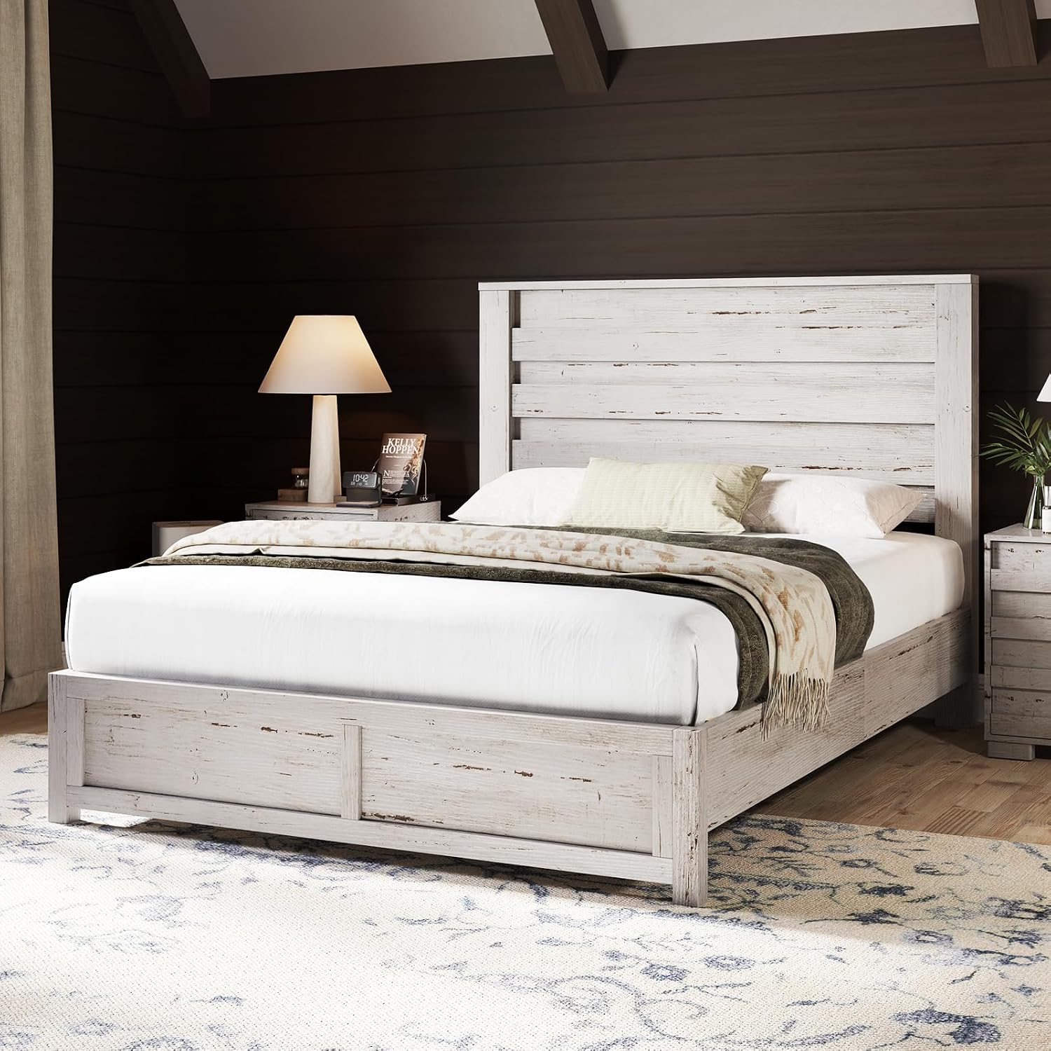 2 Piece Bedroom Set, Full Platform Bed and 6 Drawer Dresser, 49 Inch Headboard, Distressed White