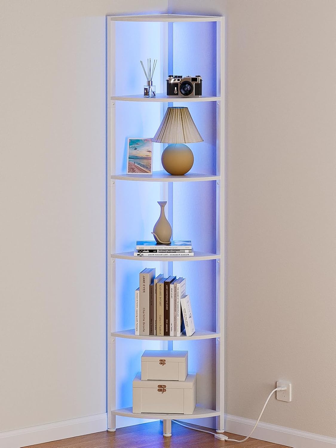 6 Tier Corner Shelf with LED Light, 67.5 Inch, Narrow Bookshelf, White