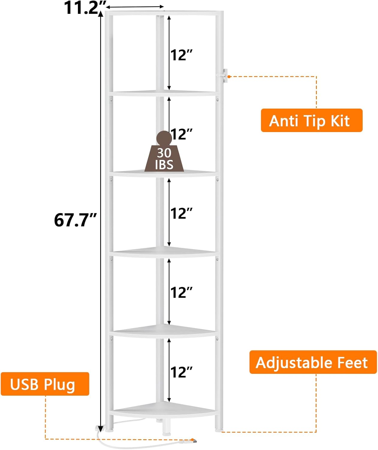6 Tier Corner Shelf with LED Light, 67.5 Inch, Narrow Bookshelf, White