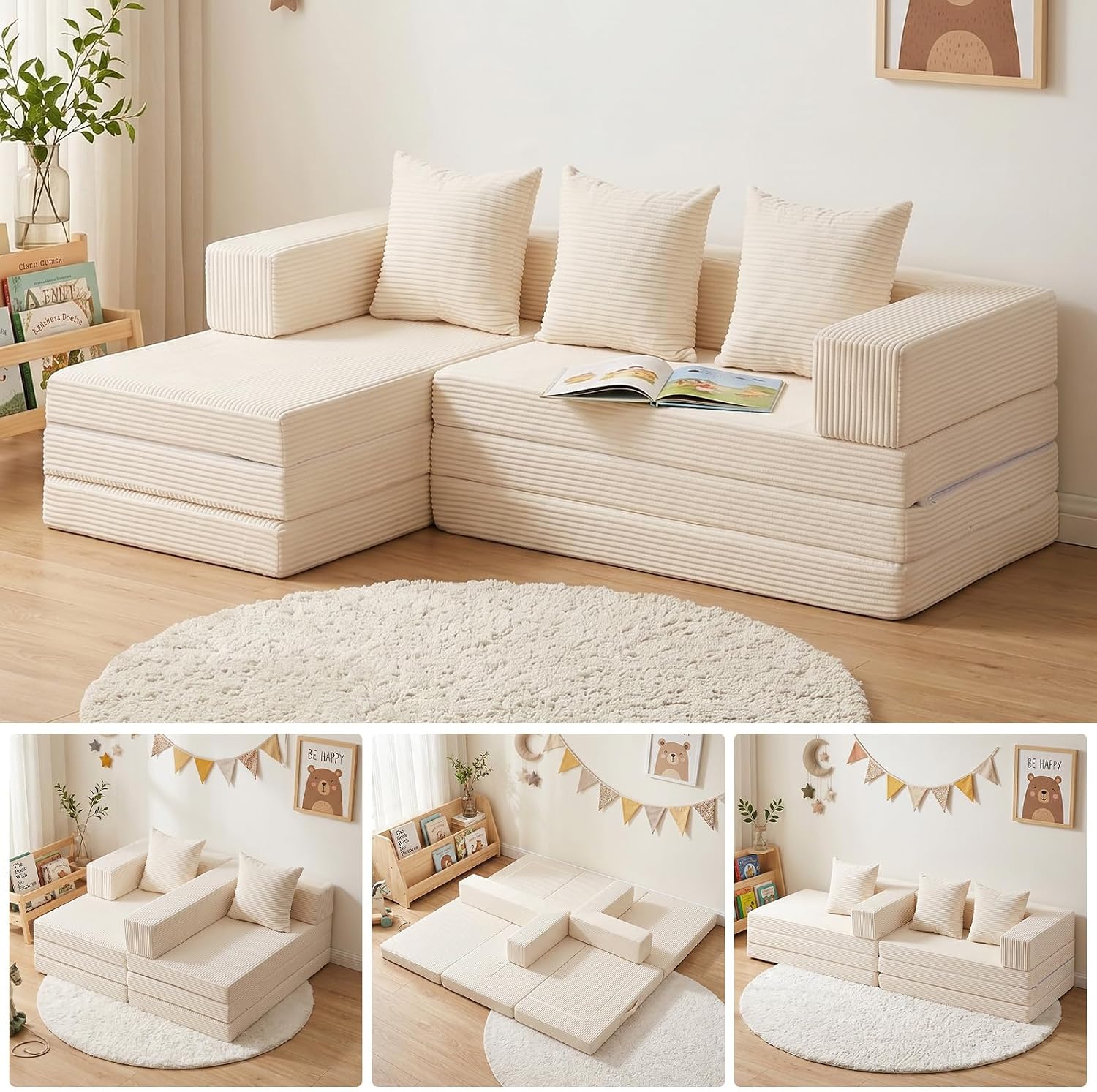 65 Inch L Shaped Sofa with Deep Seat and Left Facing Chaise, Corduroy, Beige