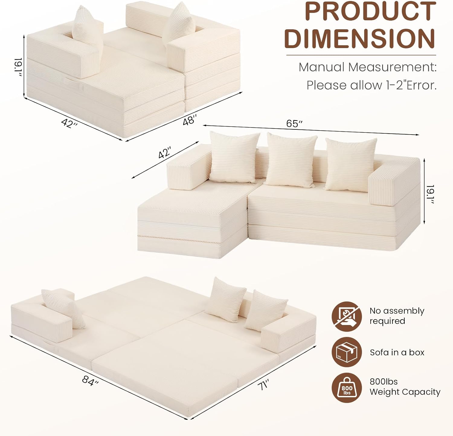 65 Inch L Shaped Sofa with Deep Seat and Left Facing Chaise, Corduroy, Beige