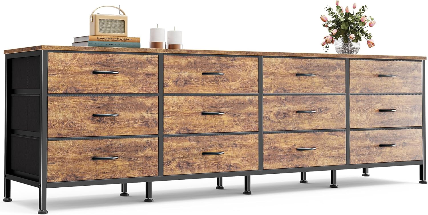 70 Inch Dresser and TV Stand with 12 Fabric Drawers, Rustic Brown