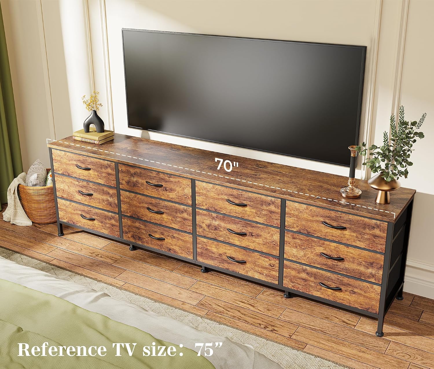 70 Inch Dresser and TV Stand with 12 Fabric Drawers, Rustic Brown