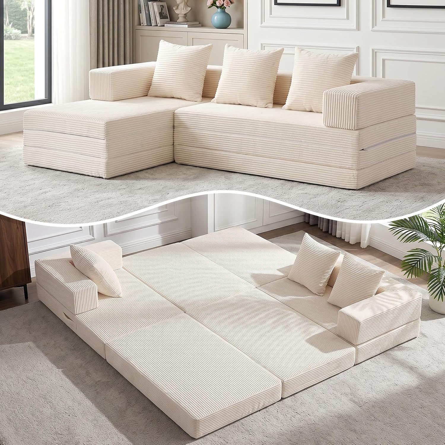 79 Inch Modular Sectional Sofa Bed with L Shape Chaise, Corduroy, Beige