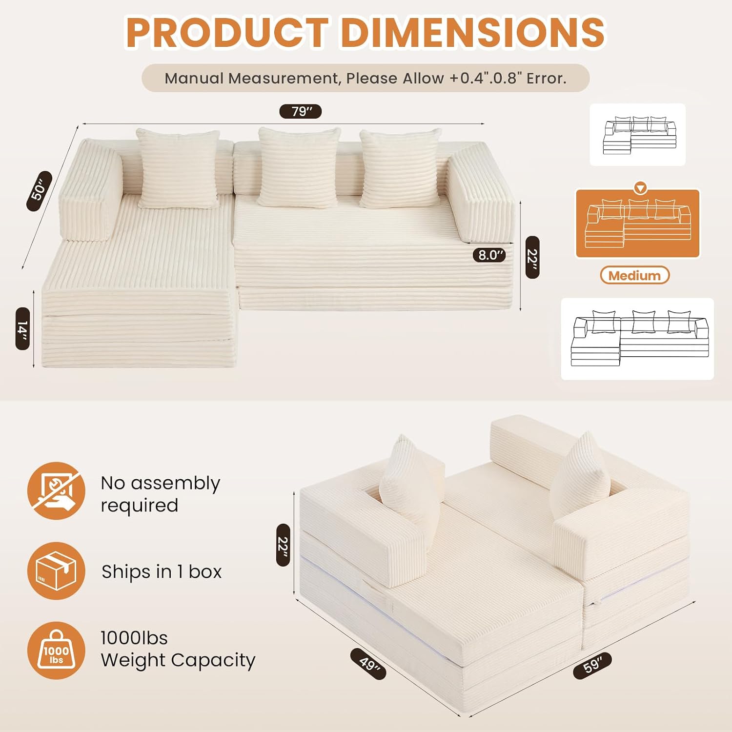79 Inch Modular Sectional Sofa Bed with L Shape Chaise, Corduroy, Beige
