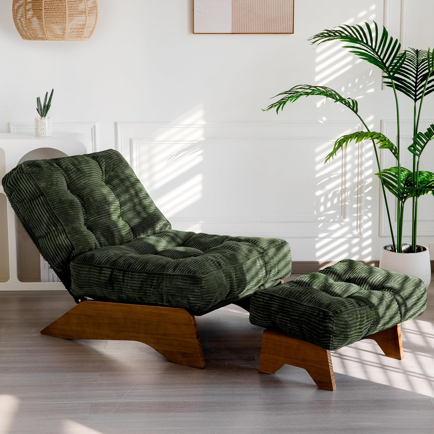 Accent Chair with Ottoman and Adjustable Backrest, Tufted, Green