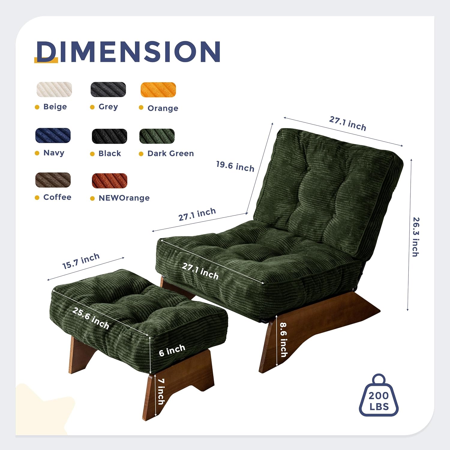 Accent Chair with Ottoman and Adjustable Backrest, Tufted, Green