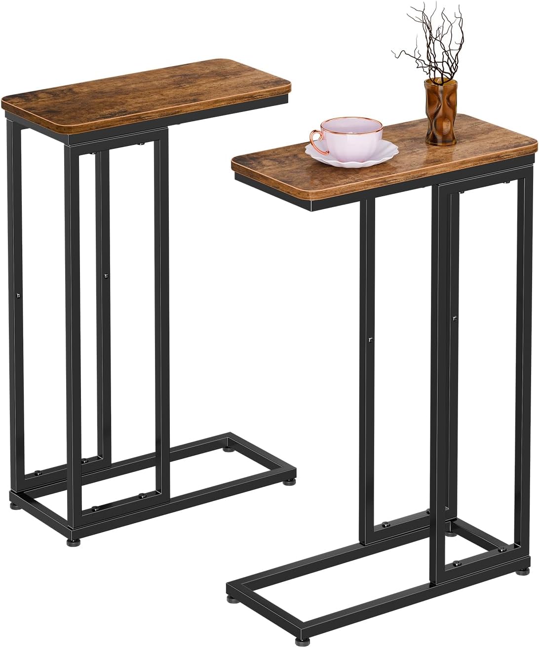 C Shaped End Table, Set of 2, for Small Spaces, Rustic Brown