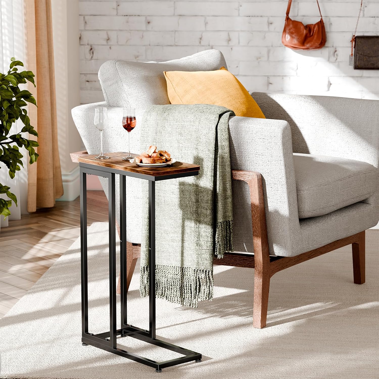 C Shaped End Table, Set of 2, for Small Spaces, Rustic Brown