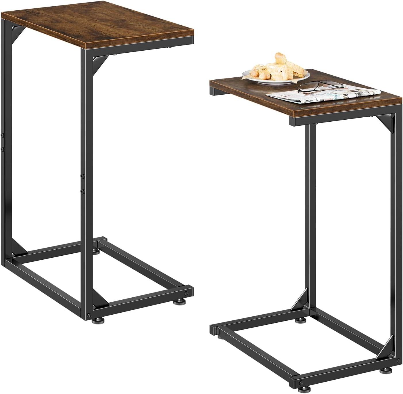 C Shaped Side Table, Set of 2, Sofa Couch Table, Rustic Brown