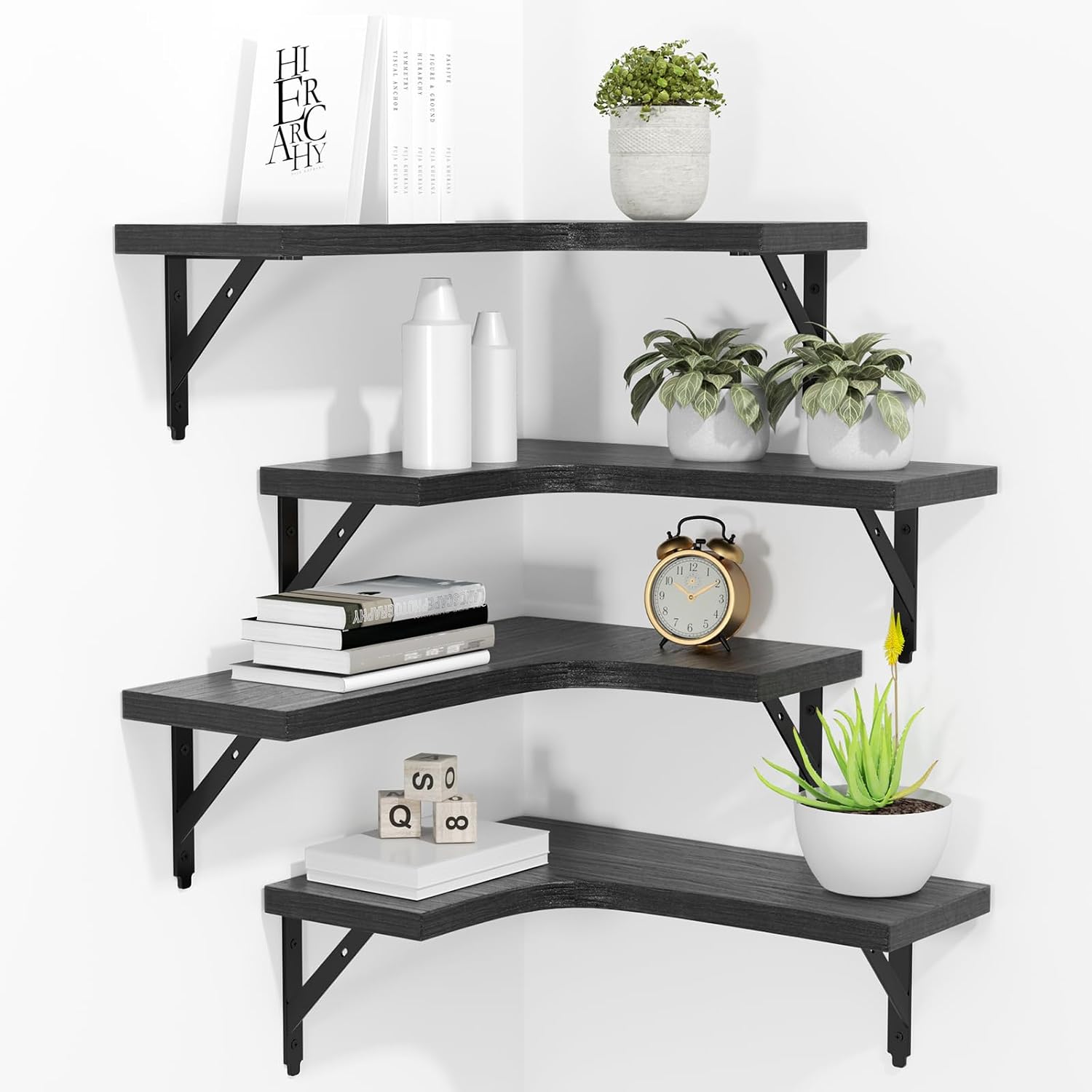 Corner Floating Wall Shelves, Set of 4, Wood, Black