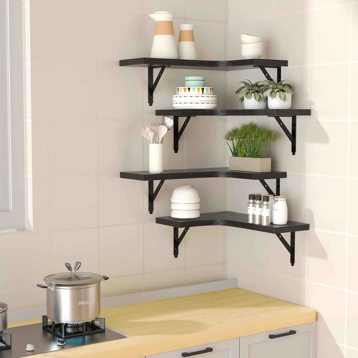 Corner Floating Wall Shelves, Set of 4, Wood, Black