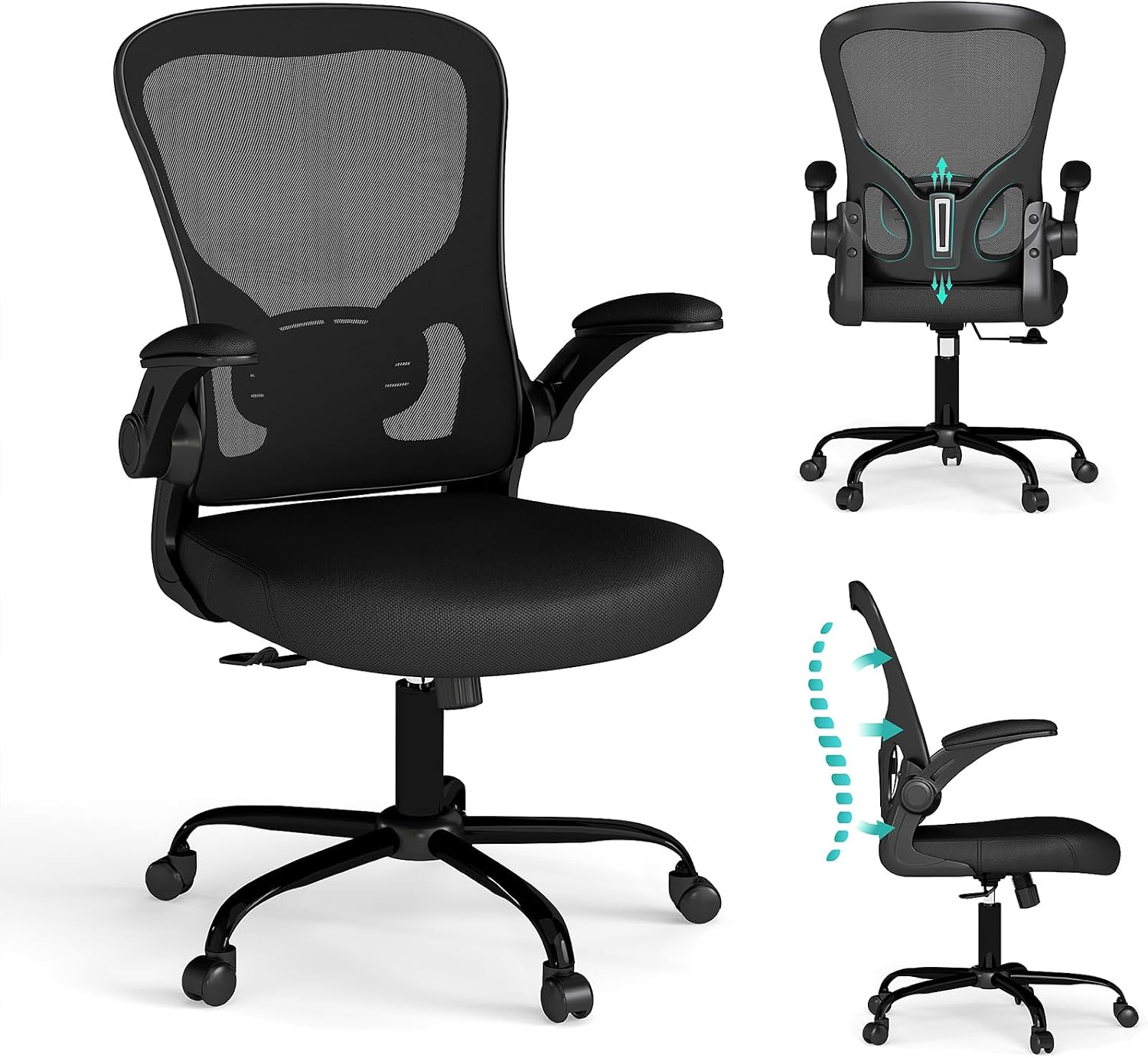Ergonomic Mesh Computer Desk Chair with Flip Up Arm Rests and Lumbar Support, Black