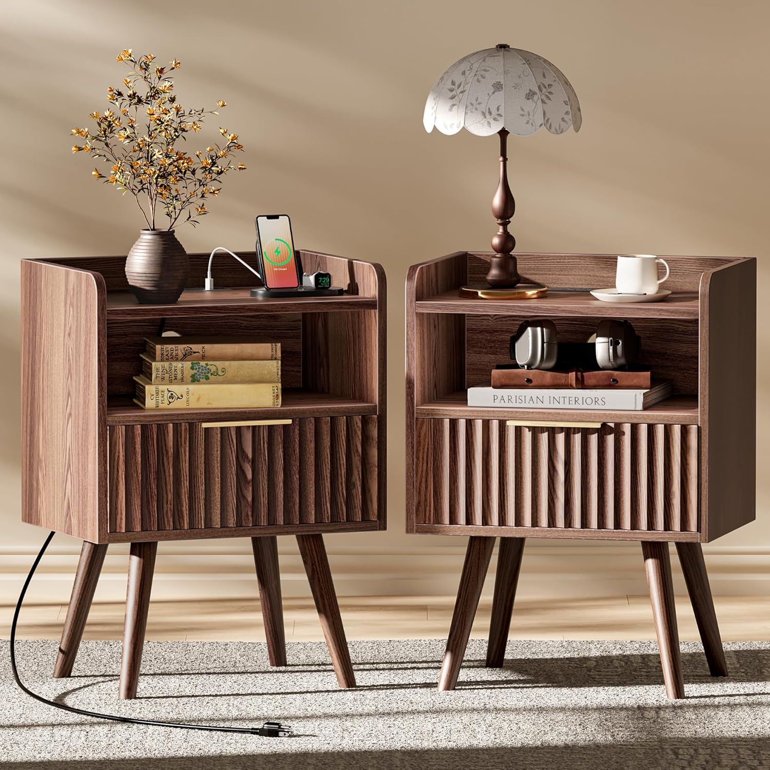 Fluted Nightstand Set of 2 with Charging Station and USB C Port, Walnut