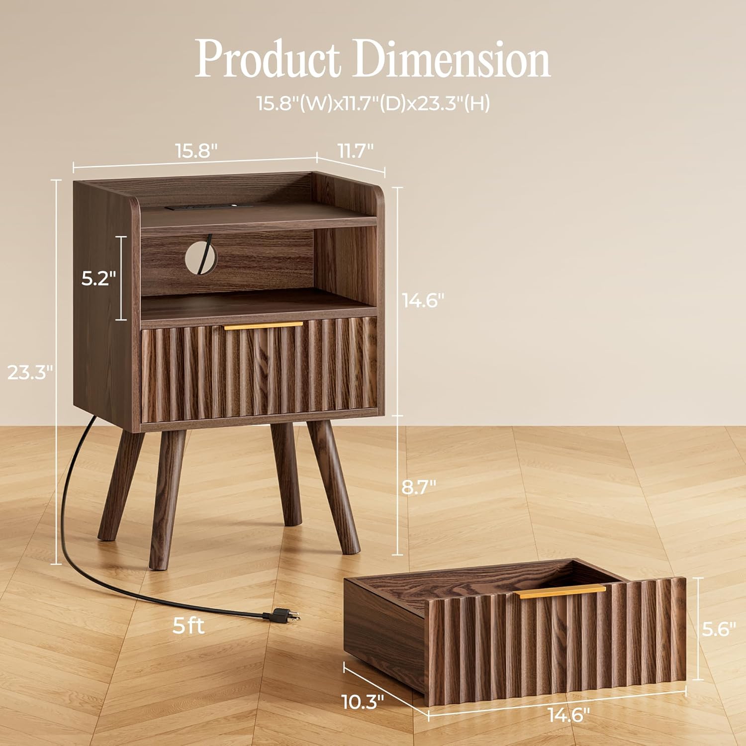 Fluted Nightstand Set of 2 with Charging Station and USB C Port, Walnut