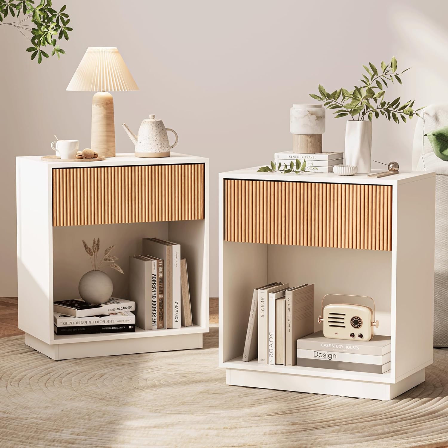 Fluted Nightstand Set of 2 with Drawer and Storage Shelf, White and Oak