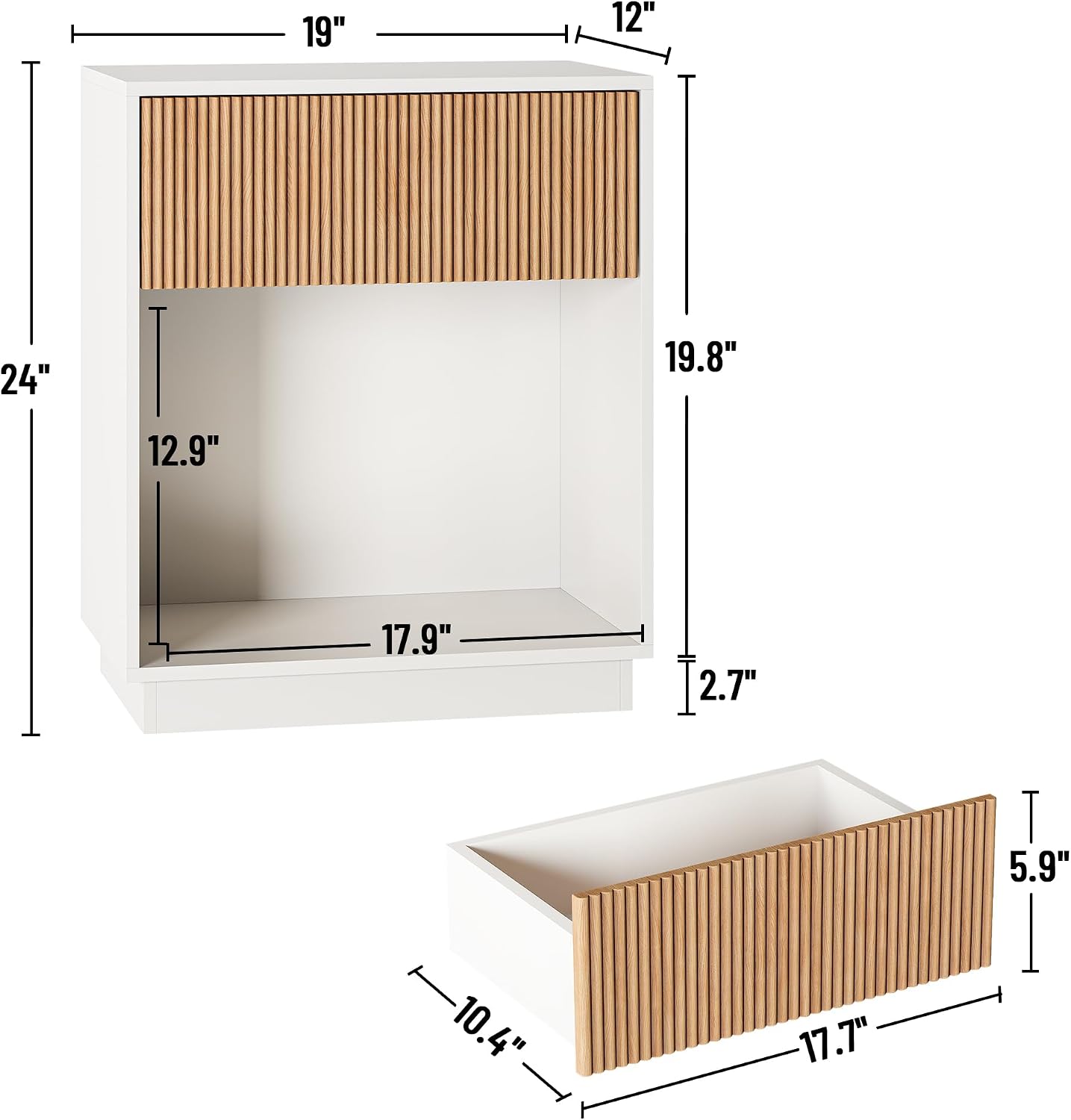 Fluted Nightstand Set of 2 with Drawer and Storage Shelf, White and Oak