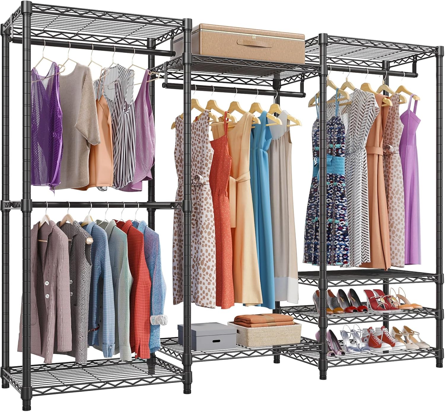 Heavy Duty Freestanding Clothes Rack with 4 Rods and 8 Shelves, 890 lb Load, Black