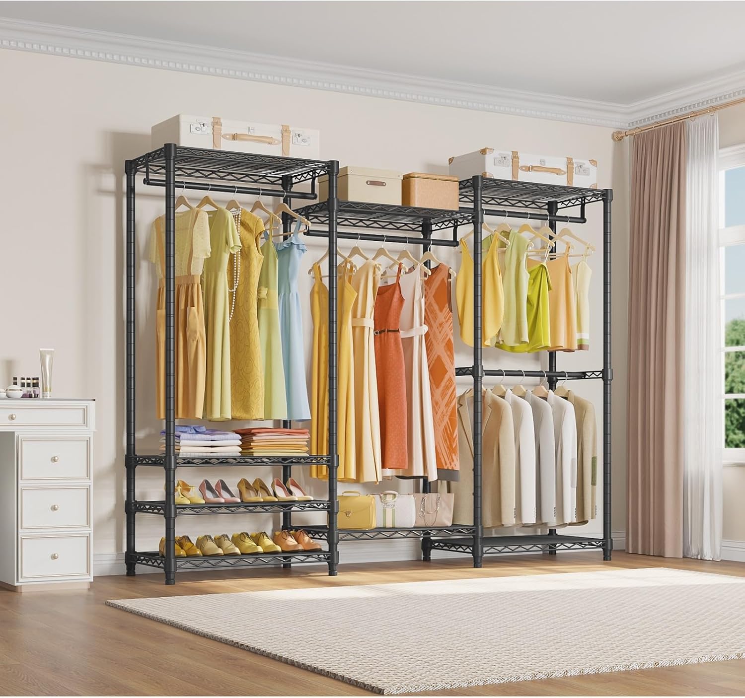 Heavy Duty Freestanding Clothes Rack with 4 Rods and 8 Shelves, 890 lb Load, Black