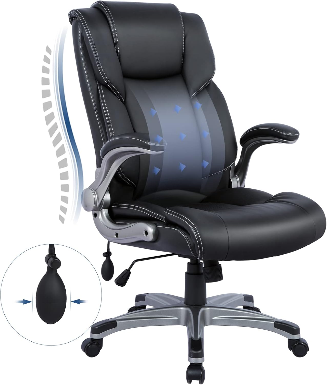 High Back Executive Office Chair in Padded Leather with Inflatable Lumbar Support, Black