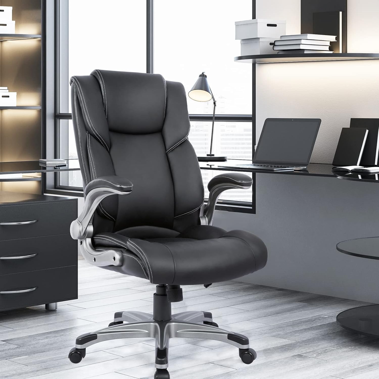 High Back Executive Office Chair in Padded Leather with Inflatable Lumbar Support, Black