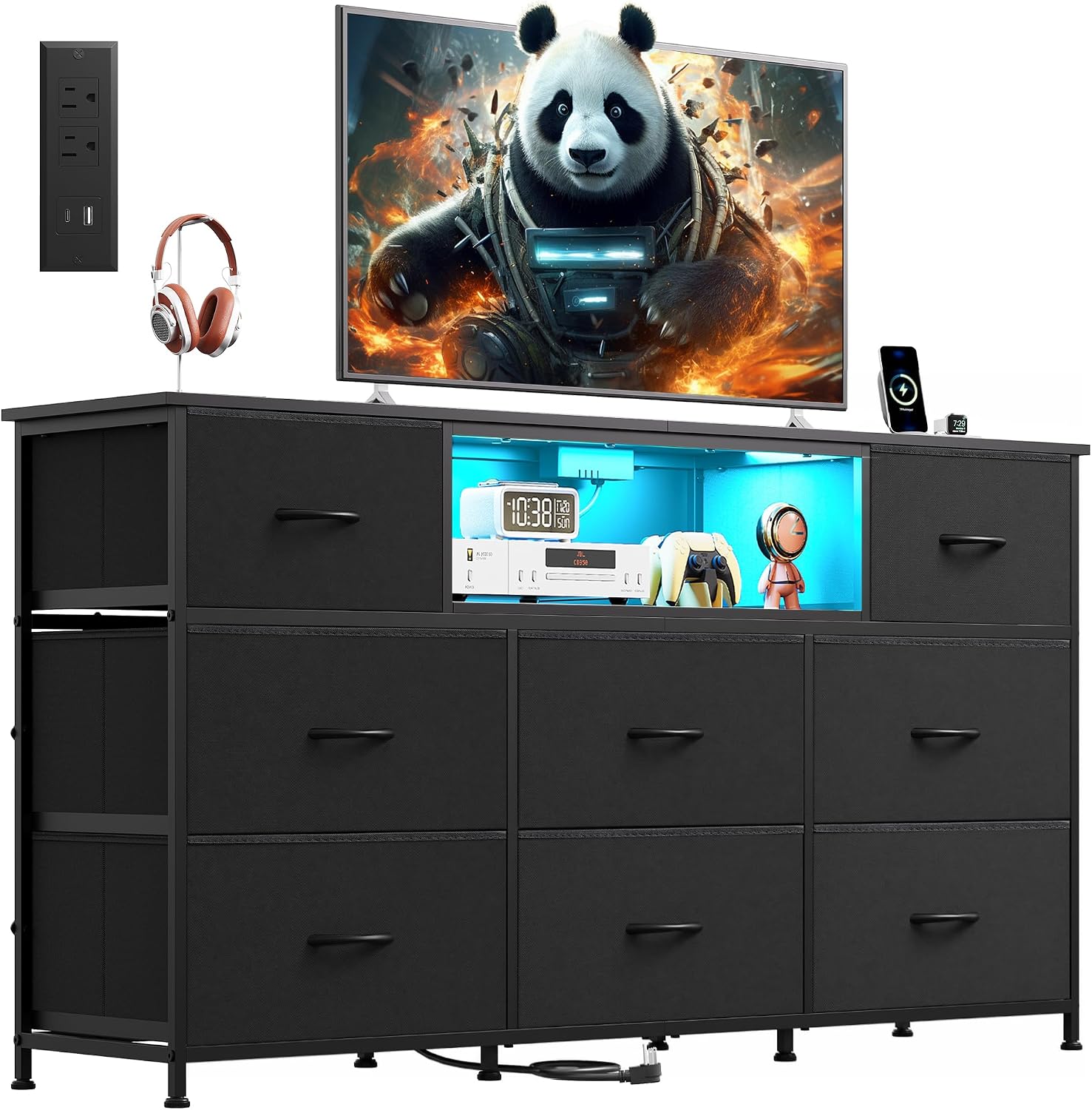 LED Dresser and TV Stand for 65 Inch TV, 8 Fabric Drawers, Black