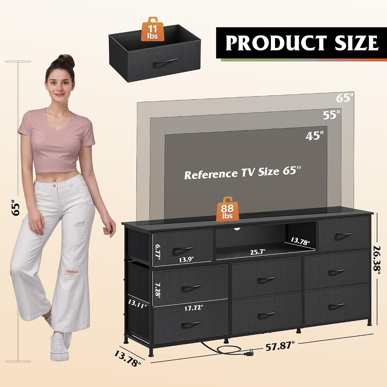 LED Dresser and TV Stand for 65 Inch TV, 8 Fabric Drawers, Black