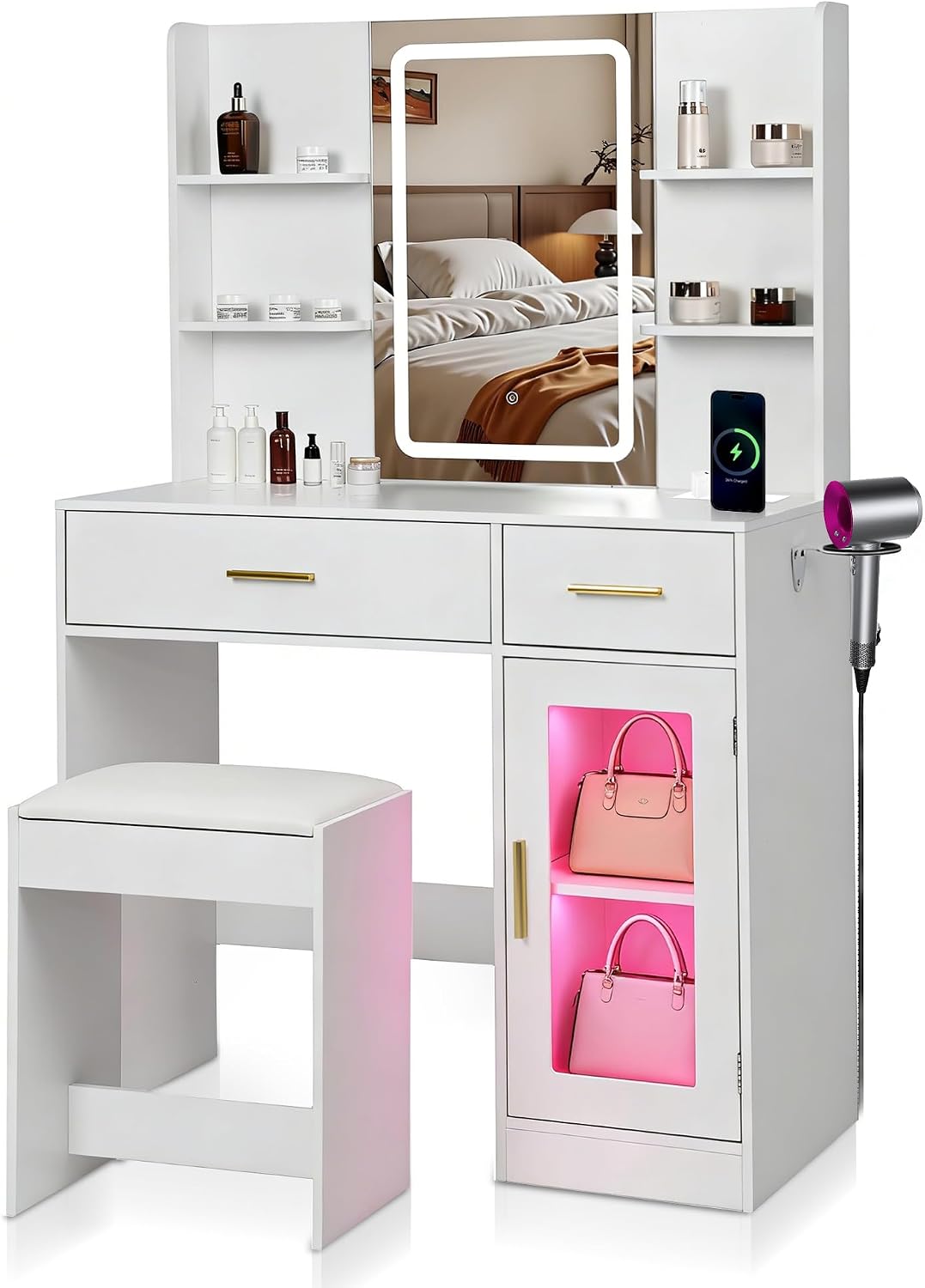LED Vanity Table with Three Colour Light, HD Mirror, USB Port and Stool, White