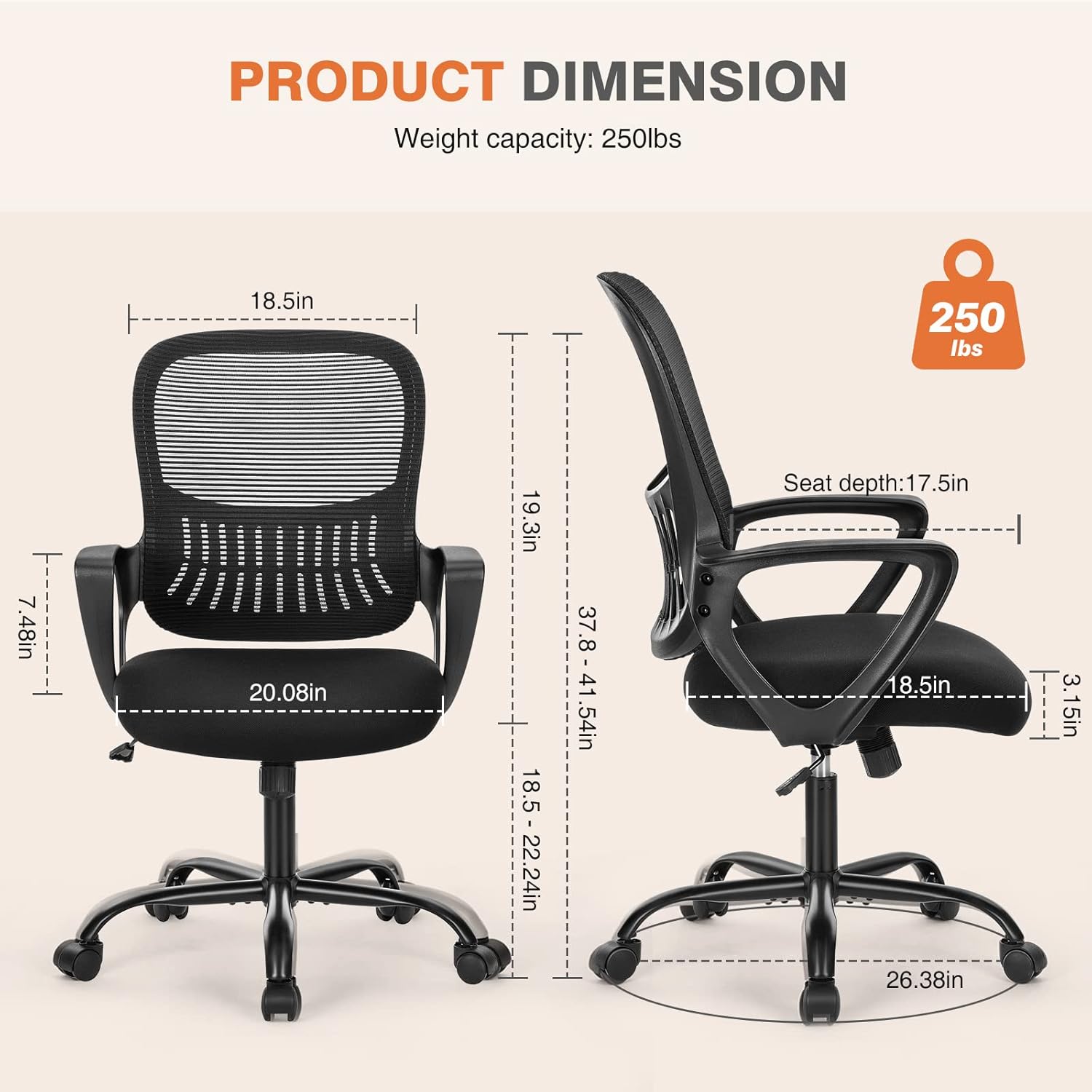 Mid Back Mesh Managerial Chair with 360 Degree Swivel and Lumbar Support, Black