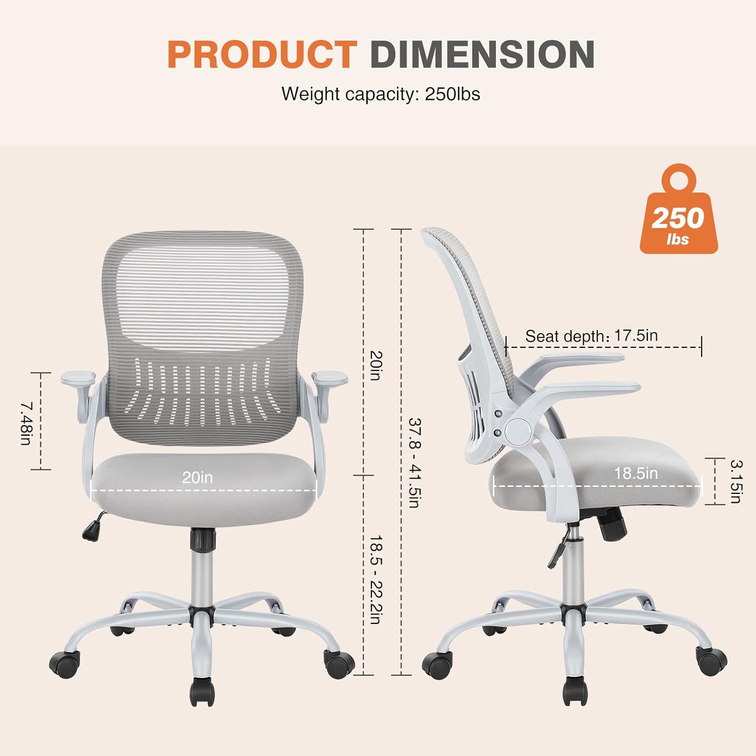 Mid Back Mesh Office Chair with Lumbar Support and 360 Degree Swivel, Grey