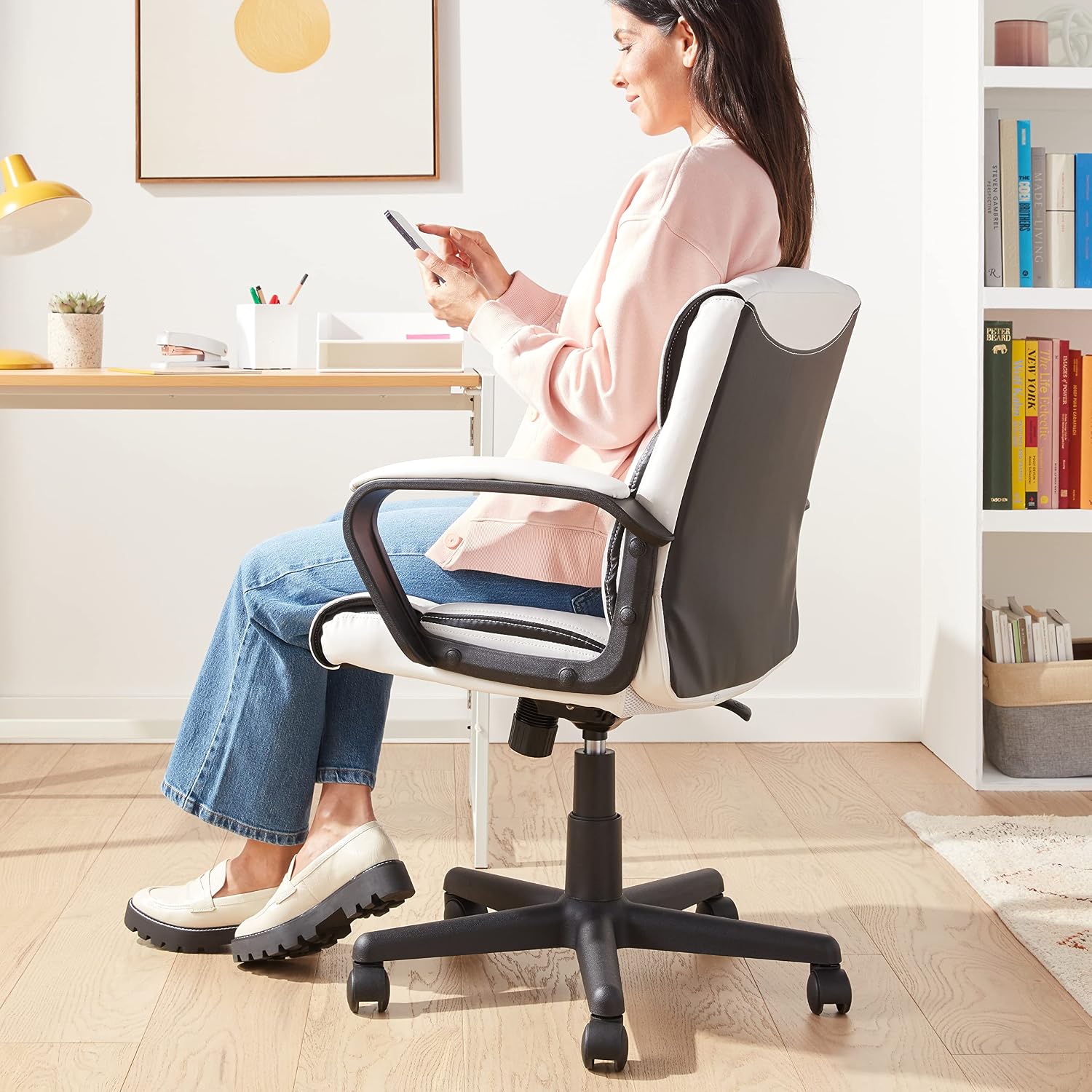 Mid Back Office Task Chair with Padded Armrests, 275 lb Capacity, White Faux Leather