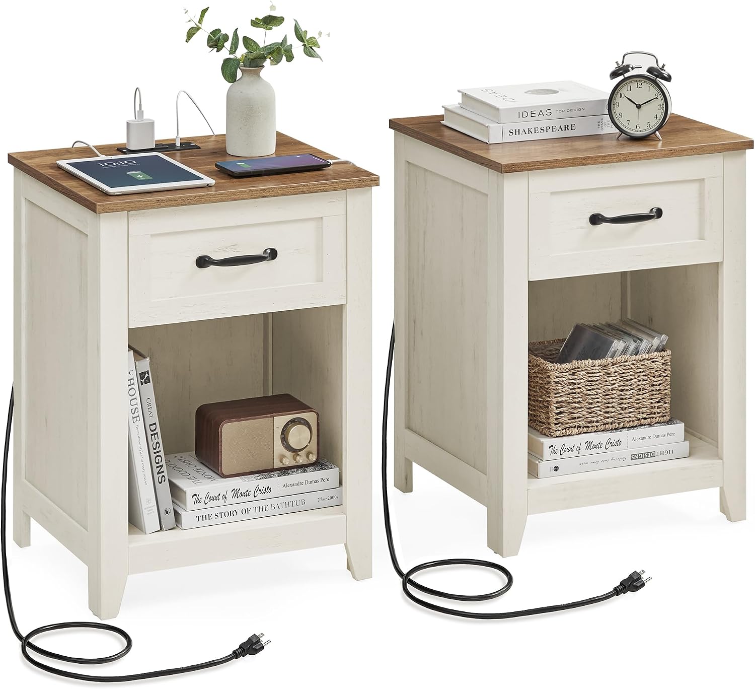 Nightstand Set of 2 with Charging Station and 1 Drawer, Rustic White and Honey Brown