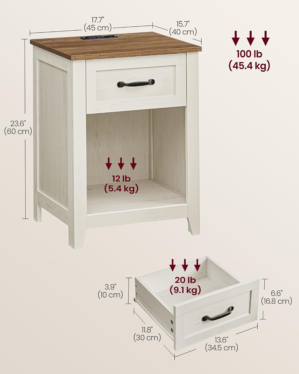 Nightstand Set of 2 with Charging Station and 1 Drawer, Rustic White and Honey Brown