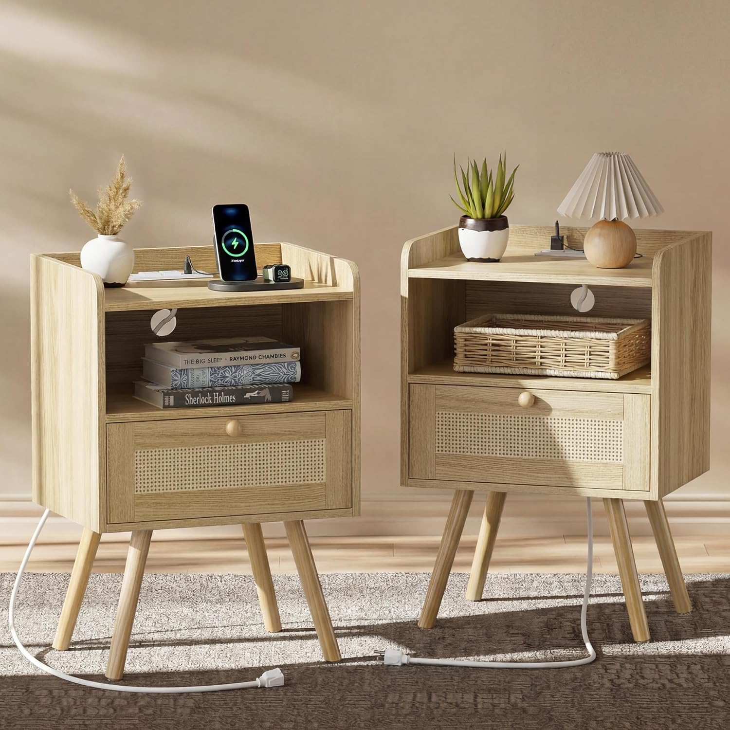 Nightstand Set of 2 with Charging Station and Rattan Drawer, Solid Wood Feet, Natural