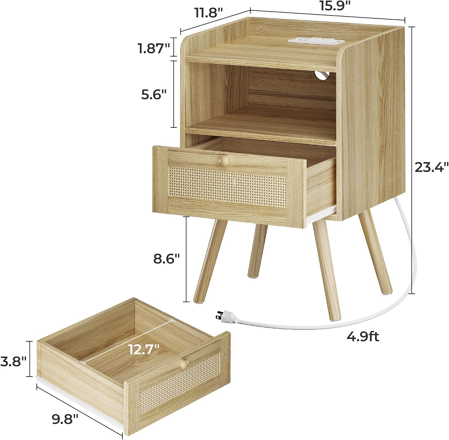 Nightstand Set of 2 with Charging Station and Rattan Drawer, Solid Wood Feet, Natural