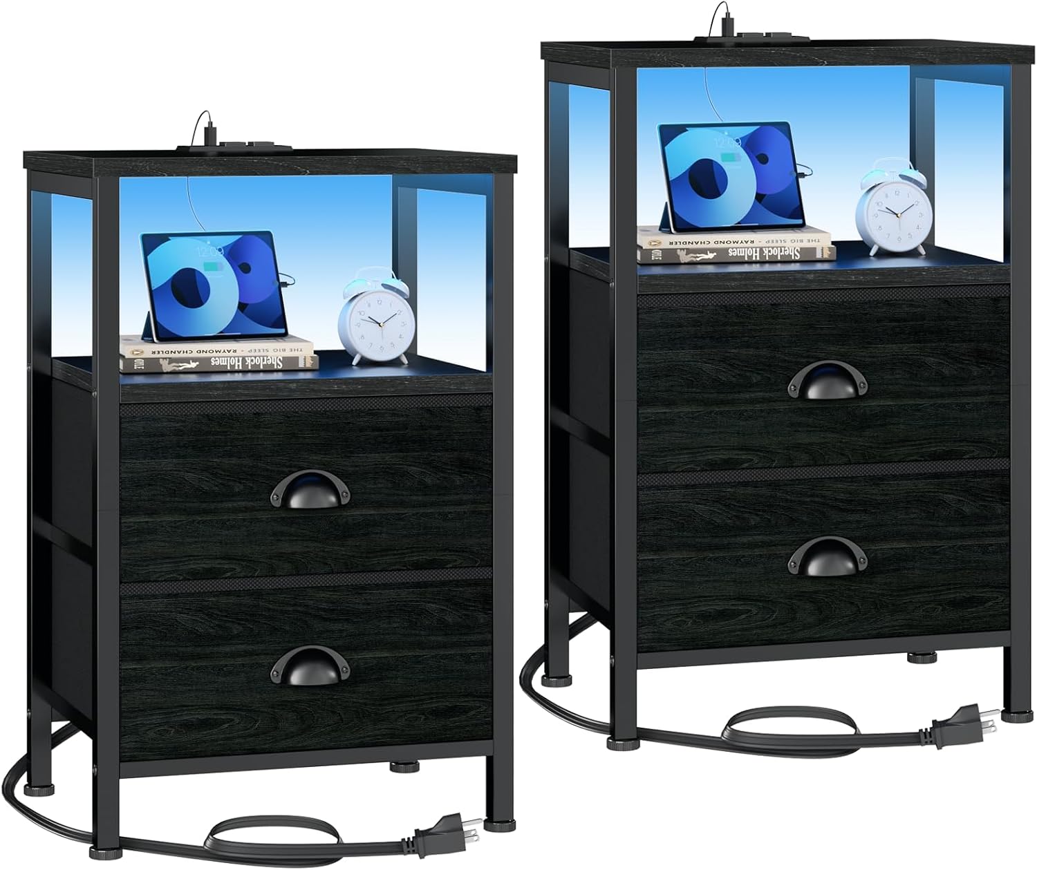 Nightstand Set of 2 with Charging Station, LED Lights and 2 Fabric Drawers, Black Oak