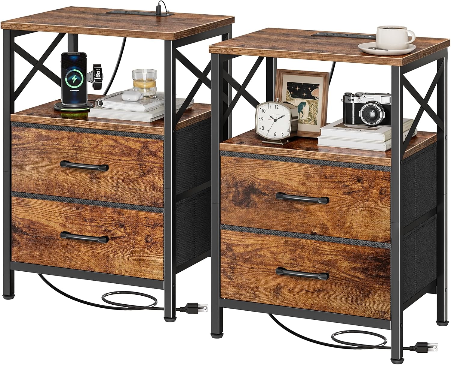 Nightstand Set of 2 with Charging Station, USB C Port and 2 Drawers, Rustic Brown