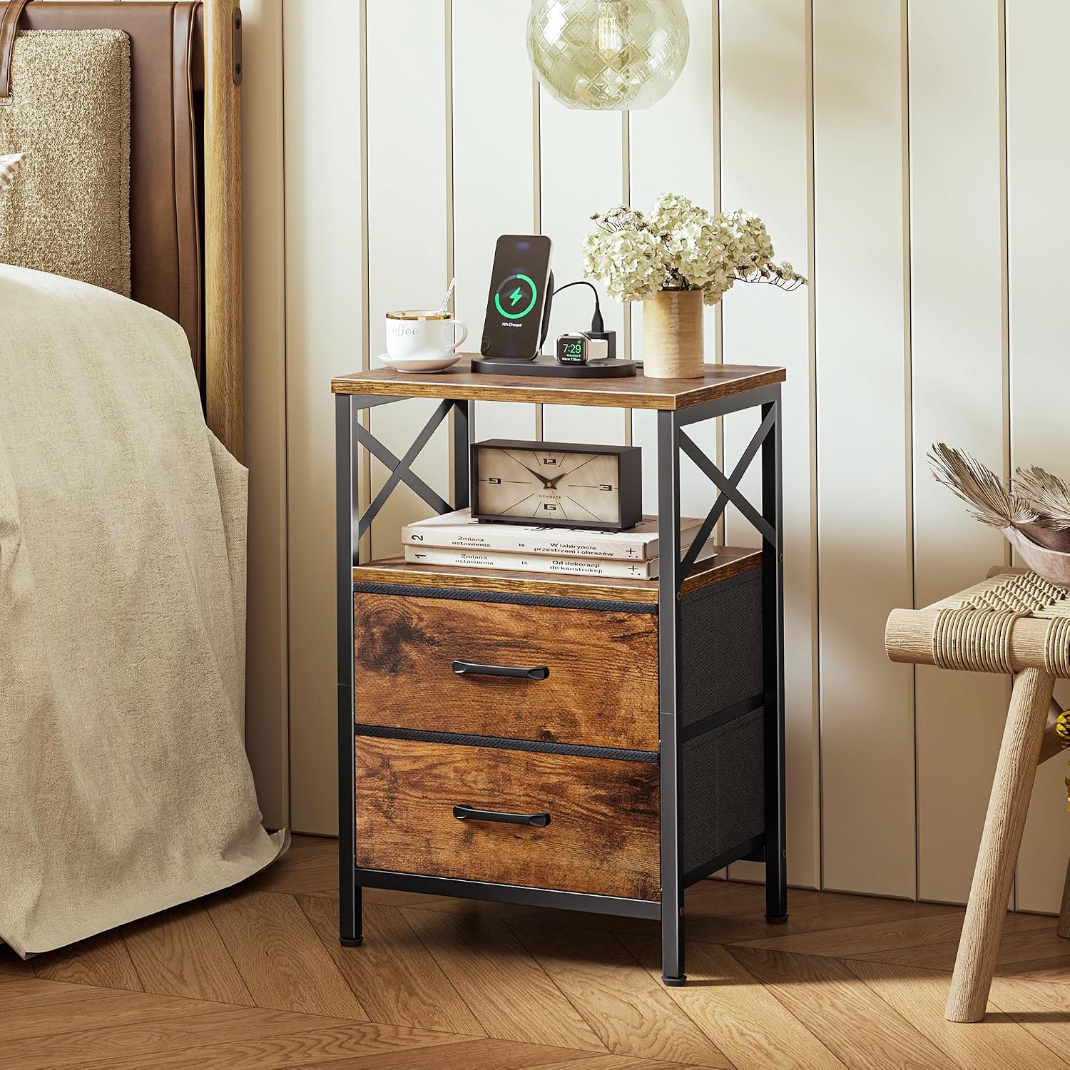 Nightstand Set of 2 with Charging Station, USB C Port and 2 Drawers, Rustic Brown