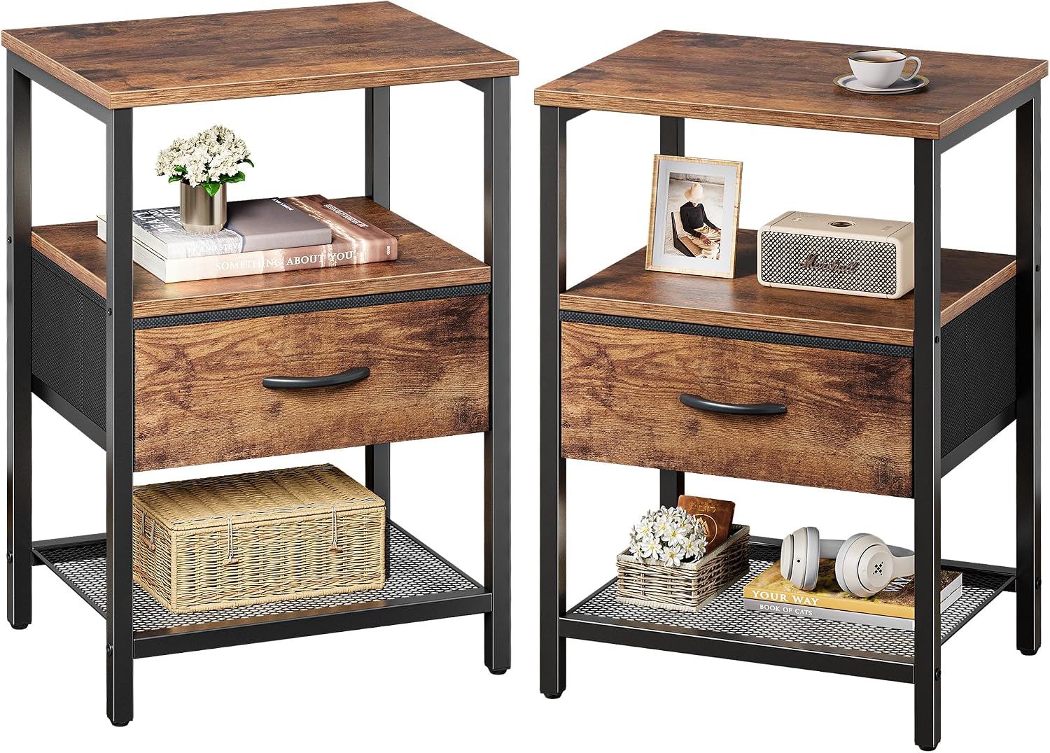 Nightstand Set of 2 with Fabric Drawer and Mesh Shelf, Metal Frame, Rustic Brown