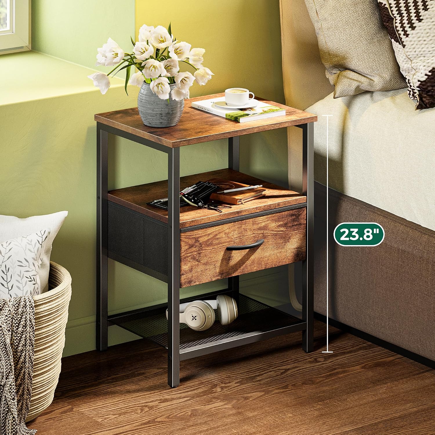 Nightstand Set of 2 with Fabric Drawer and Mesh Shelf, Metal Frame, Rustic Brown