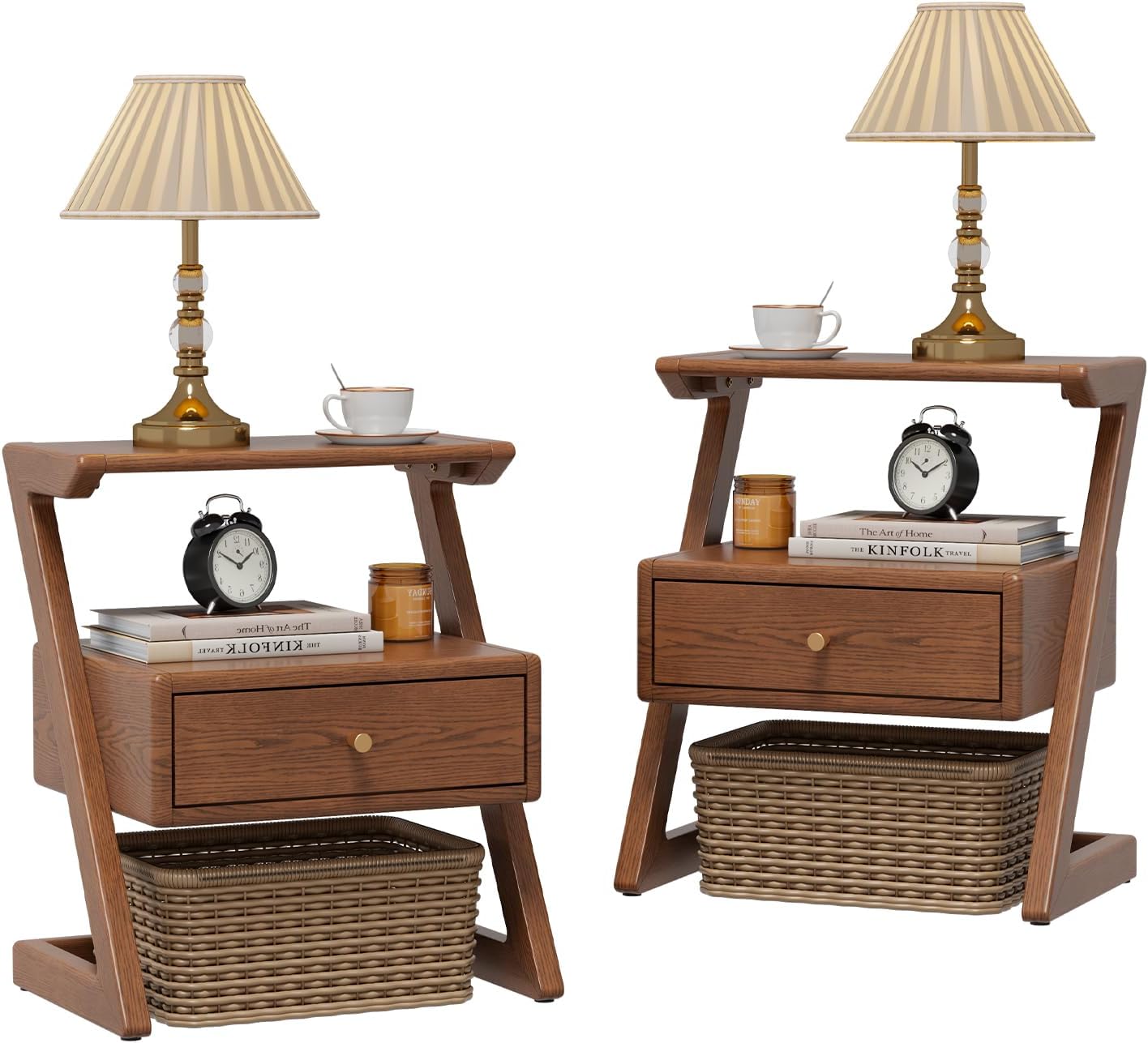Solid Wood Nightstand Set of 2 with Drawer and Open Shelf, Mid Century