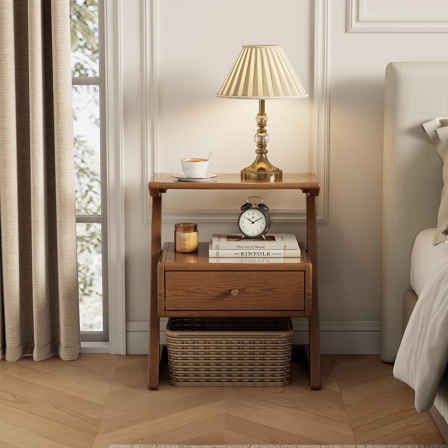 Solid Wood Nightstand Set of 2 with Drawer and Open Shelf, Mid Century
