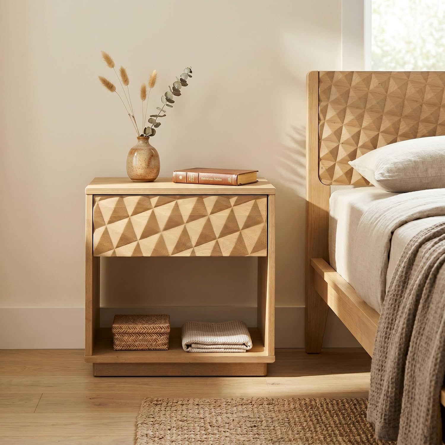 Solid Wood Nightstand with Carved Drawer Front and Open Shelf, Sand