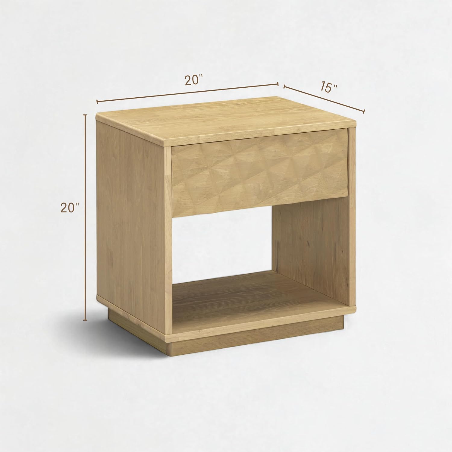 Solid Wood Nightstand with Carved Drawer Front and Open Shelf, Sand
