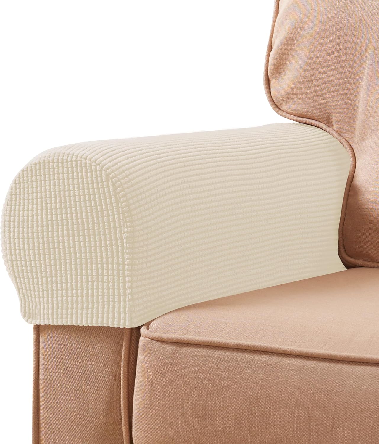 Stretch Sofa Arm Covers, Set of 2, Checkered, Anti Slip, Ivory