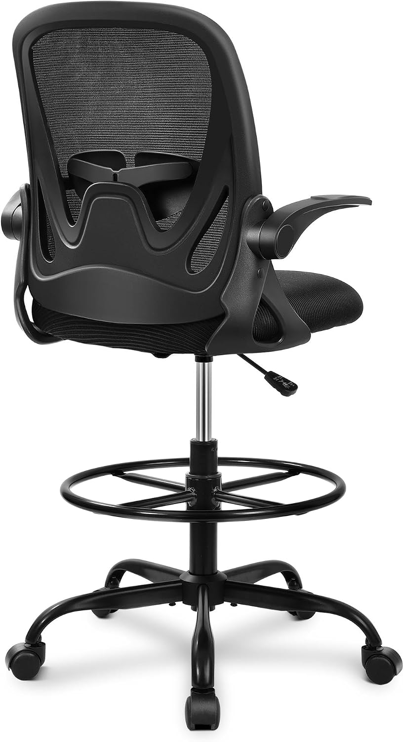Tall Drafting Chair with Flip Up Armrests, Lumbar Support and Footrest Ring, Black