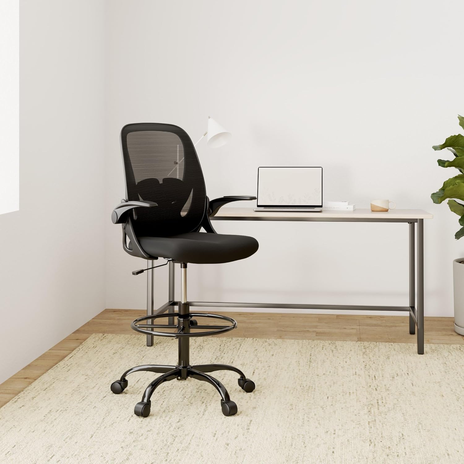 Tall Drafting Chair with Flip Up Armrests, Lumbar Support and Footrest Ring, Black